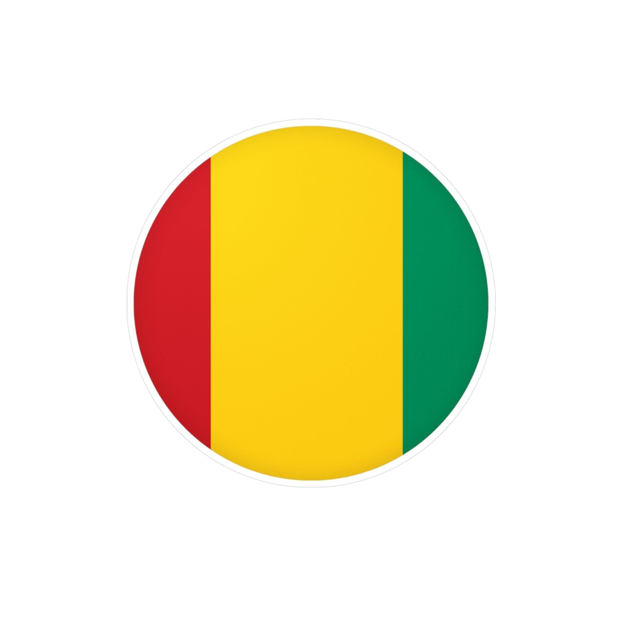 Autocollant rond représentant le Drapeau de la Guinée, fabriqué en PVC durable, disponible en plusieurs tailles.