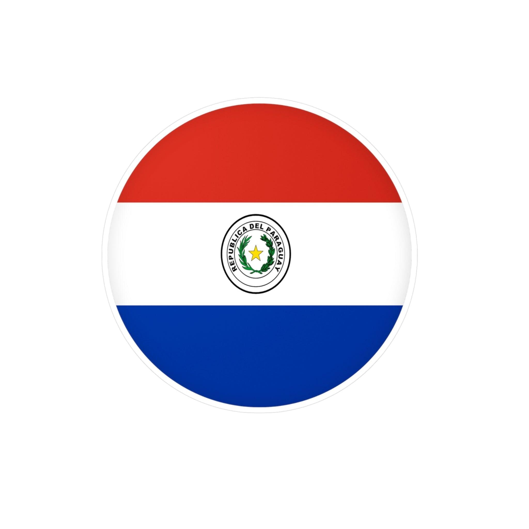 Autocollant rond représentant le Drapeau du Paraguay, en PVC durable, disponible en plusieurs tailles.