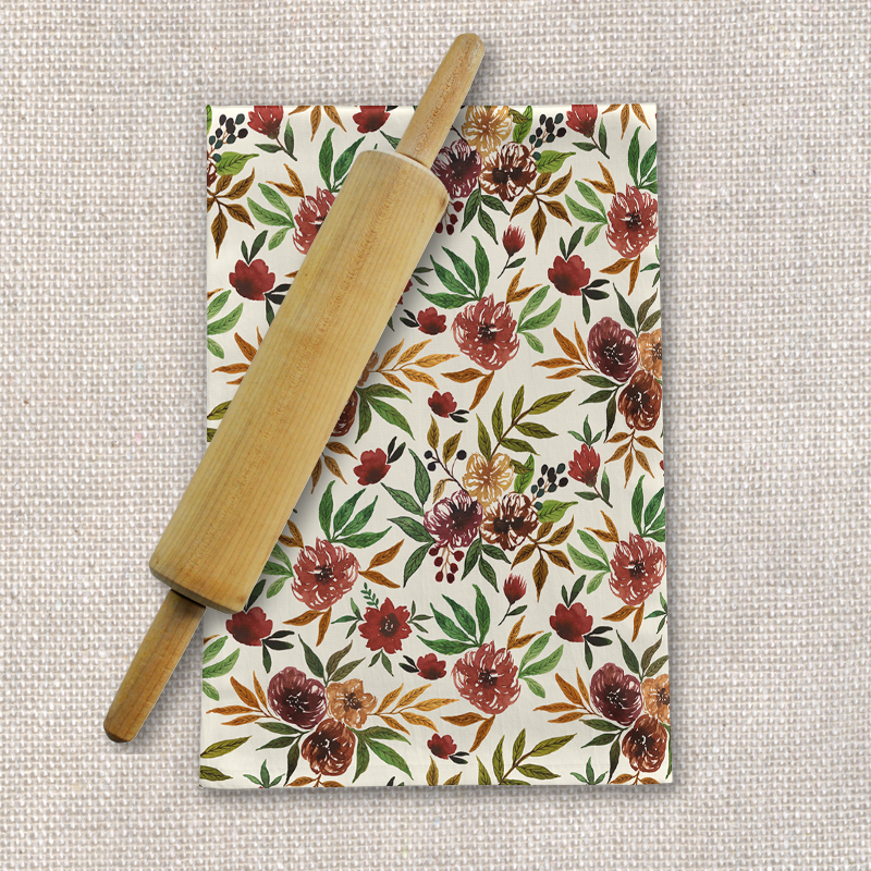 Autumn Flowers Tea Towel featuring vibrant floral design on cotton twill fabric, perfect for kitchen use and decoration.