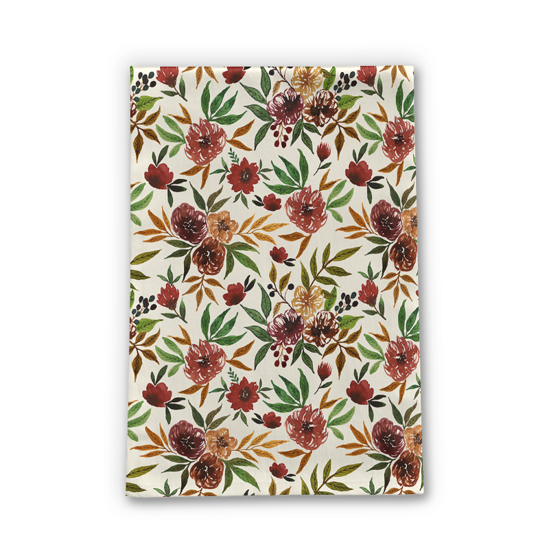 Autumn Flowers Tea Towel featuring vibrant floral design on cotton twill fabric, perfect for kitchen use and decoration.