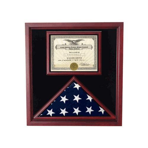 Elegant cherry wood award and flag display case with Plexiglas front and black velvet lining, showcasing military memorabilia.