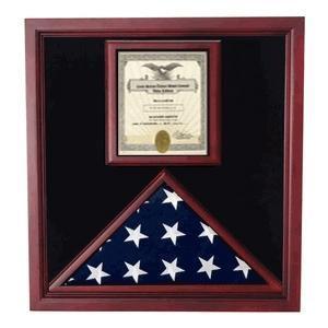 Elegant cherry wood flag display case for 5'x8' flags, featuring a glossy Plexiglas front and plush black velvet lining.