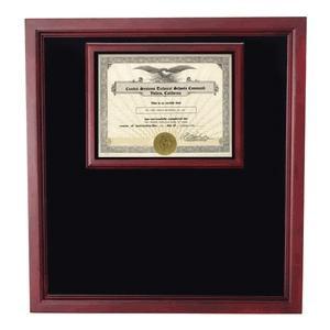 Award Certificate Shadowbox with cherry wood finish, displaying military medals and certificates, lined with rich felt.