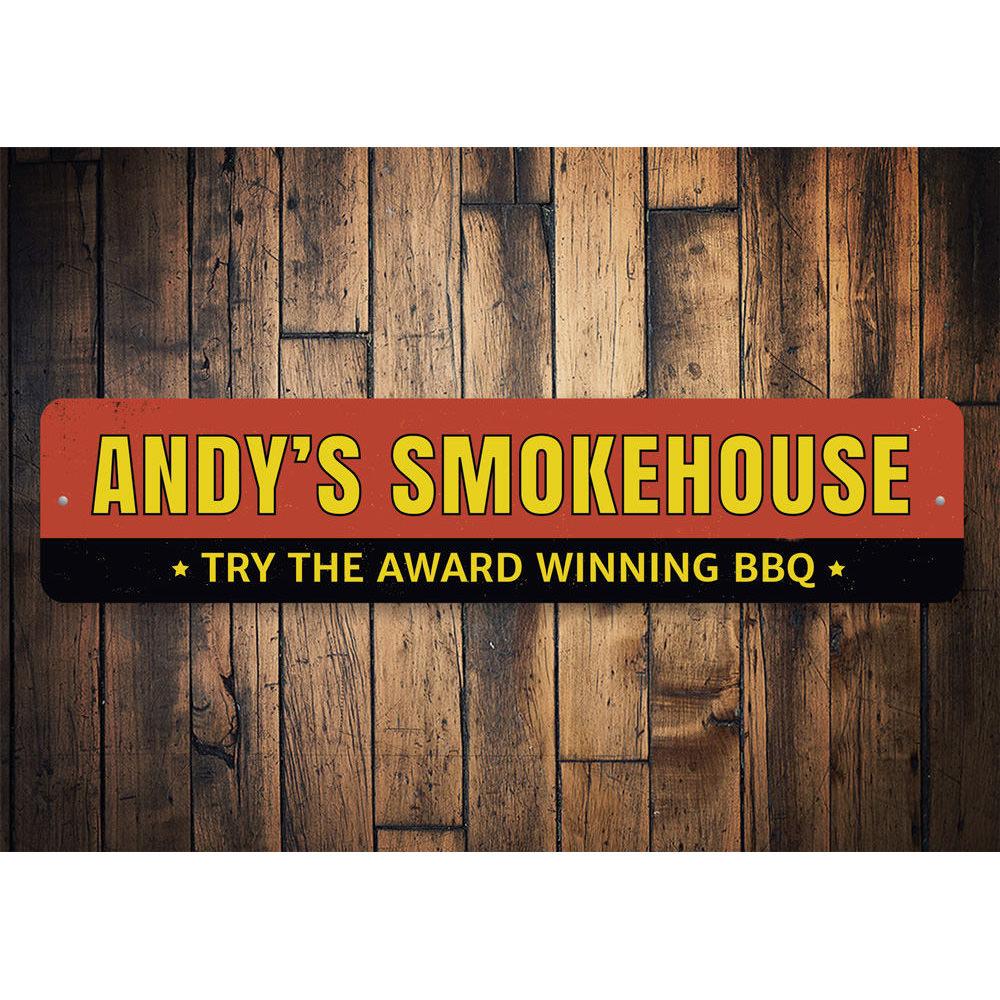 Award Winning BBQ Sign made of high-quality aluminum, featuring customizable text and pre-drilled holes for easy mounting.