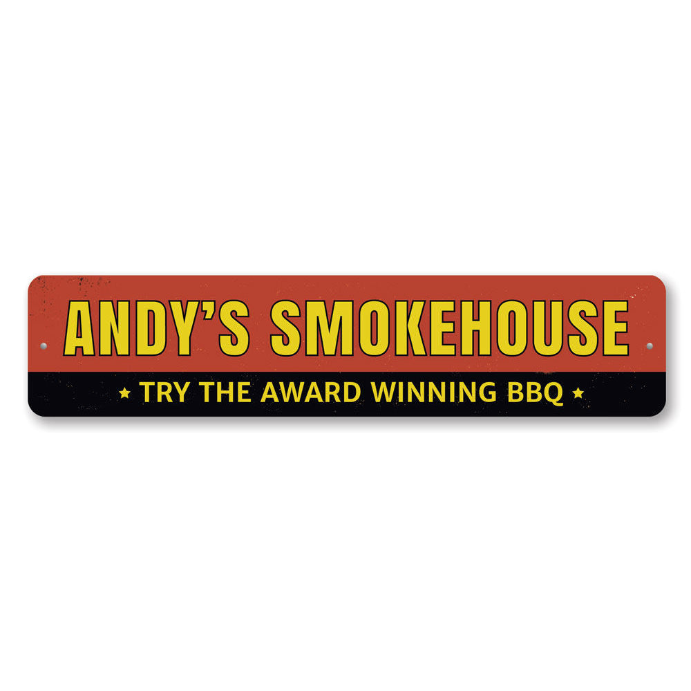 Award Winning BBQ Sign made of high-quality aluminum, featuring customizable text and pre-drilled holes for easy mounting.