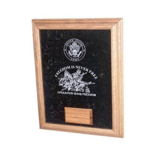 Deluxe Awards Display Case showcasing military medals on crushed velvet background, crafted from solid oak or walnut.