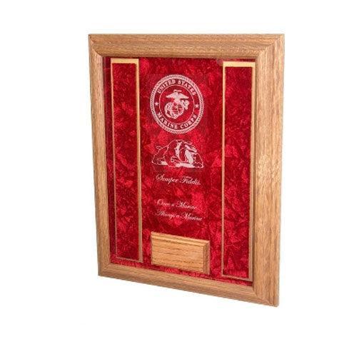 Deluxe Awards Display Case showcasing military medals on crushed velvet background, crafted from solid oak or walnut.