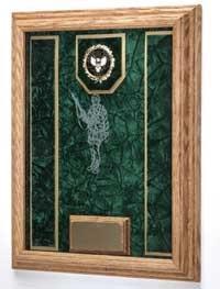 Elegant walnut awards display case showcasing military medals and memorabilia with a glass front and crushed velvet background.