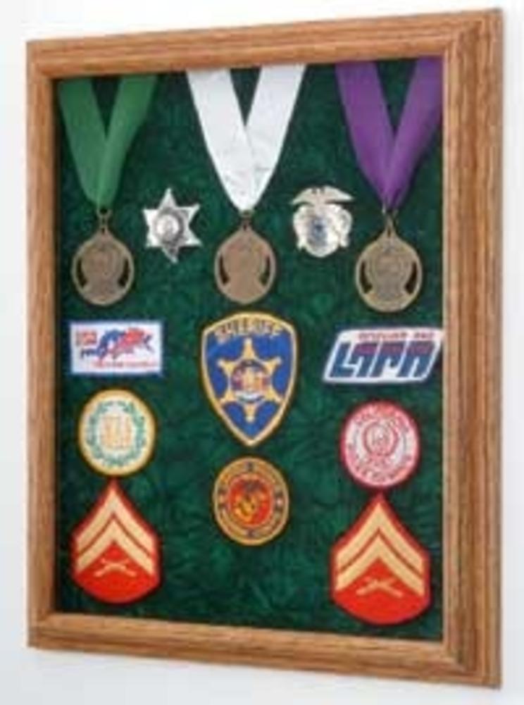 Walnut Awards Display Case featuring military medals and photos, with glass front and crushed velvet background.