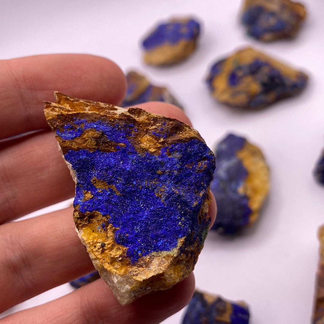 A collection of vibrant blue Azurite chunks showcasing their unique textures and colors, perfect for emotional balance and inner strength.