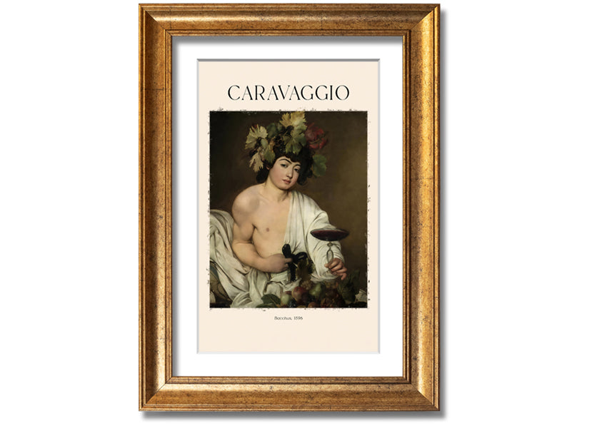 A detailed reproduction of Bacchus, 1596 by Caravaggio, printed on canvas and mounted on a box frame, showcasing vibrant colors and intricate details.