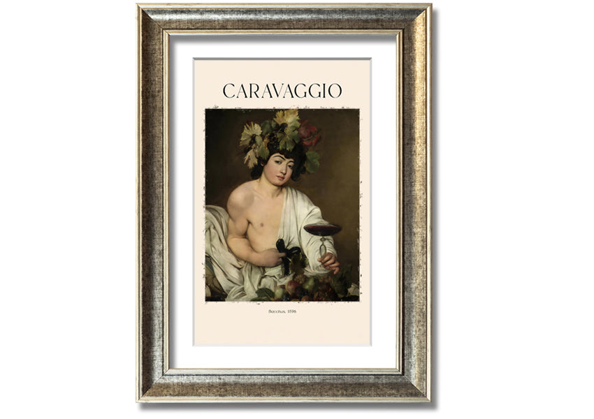 A detailed reproduction of Bacchus, 1596 by Caravaggio, printed on canvas and mounted on a box frame, showcasing vibrant colors and intricate details.