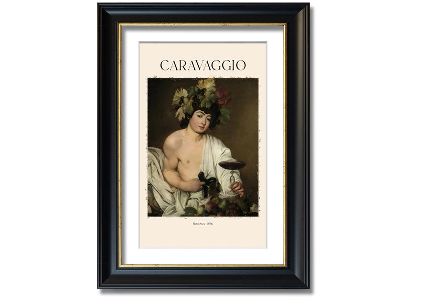 A detailed reproduction of Bacchus, 1596 by Caravaggio, printed on canvas and mounted on a box frame, showcasing vibrant colors and intricate details.