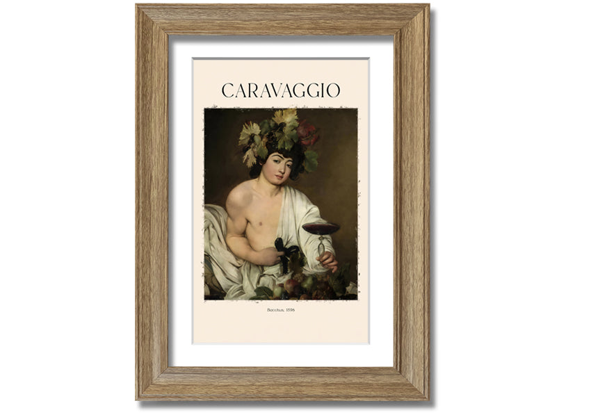 A detailed reproduction of Bacchus, 1596 by Caravaggio, printed on canvas and mounted on a box frame, showcasing vibrant colors and intricate details.