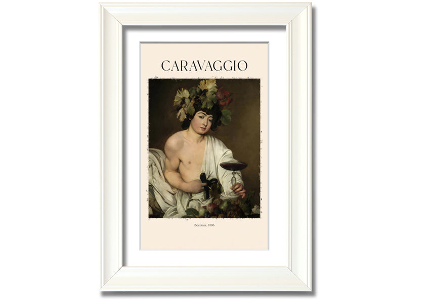 A detailed reproduction of Bacchus, 1596 by Caravaggio, printed on canvas and mounted on a box frame, showcasing vibrant colors and intricate details.