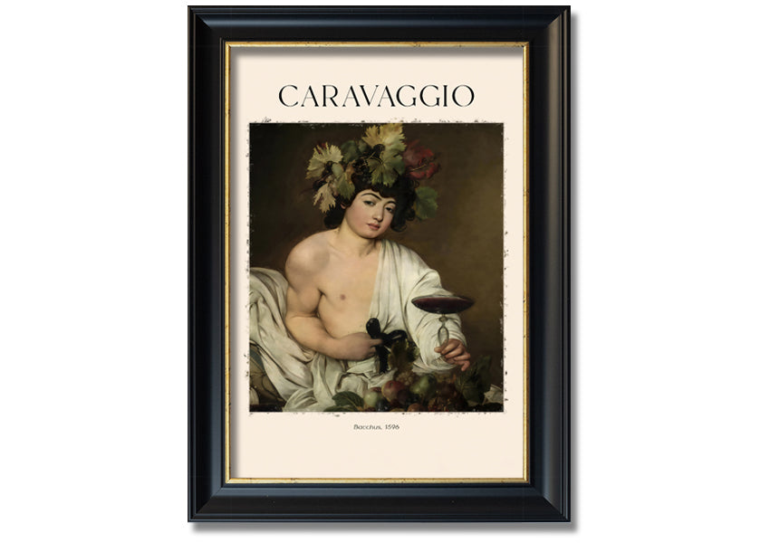 A detailed reproduction of Bacchus, 1596 by Caravaggio, printed on canvas and mounted on a box frame, showcasing vibrant colors and intricate details.