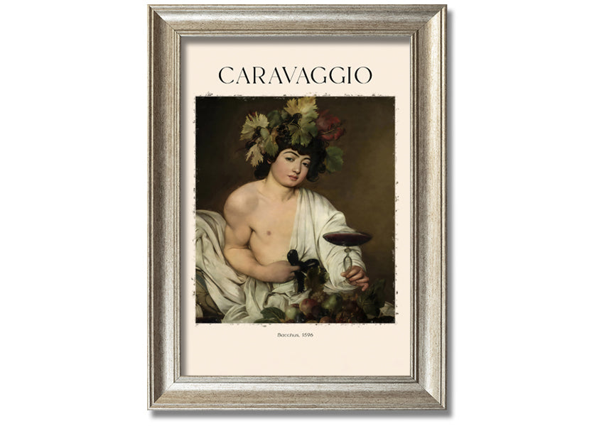 A detailed reproduction of Bacchus, 1596 by Caravaggio, printed on canvas and mounted on a box frame, showcasing vibrant colors and intricate details.