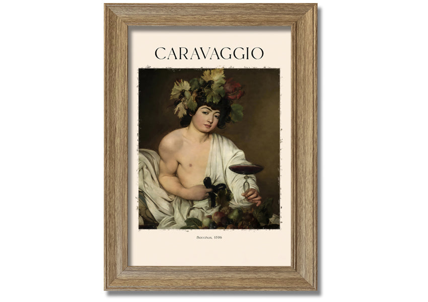 A detailed reproduction of Bacchus, 1596 by Caravaggio, printed on canvas and mounted on a box frame, showcasing vibrant colors and intricate details.