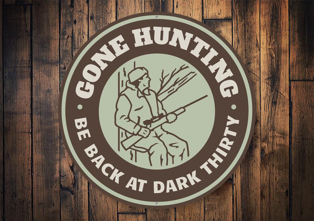 Back at Dark Thirty decorative sign made of high-quality aluminum, featuring a rustic design perfect for lakehouse decor.