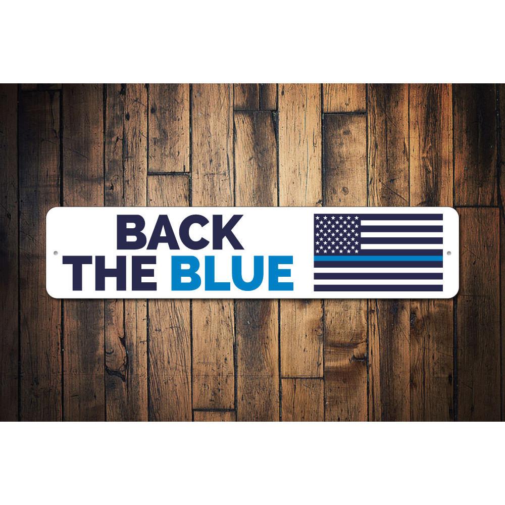 Back the Blue Flag Sign made of durable aluminum, featuring a blue line flag design, perfect for home or outdoor display.