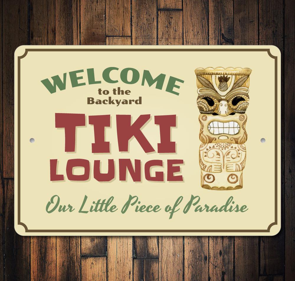 Backyard Tiki Bar Sign made of high-quality aluminum, featuring vibrant colors and customizable text, perfect for outdoor decor.