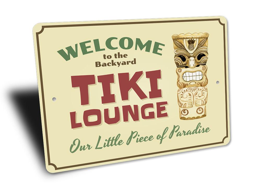 Backyard Tiki Bar Sign made of high-quality aluminum, featuring vibrant colors and customizable text, perfect for outdoor decor.