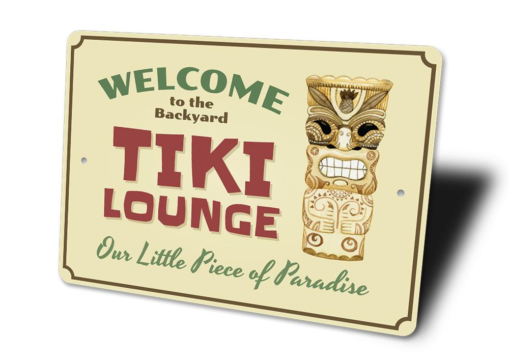 Backyard Tiki Bar Sign made of high-quality aluminum, featuring vibrant colors and customizable text, perfect for outdoor decor.