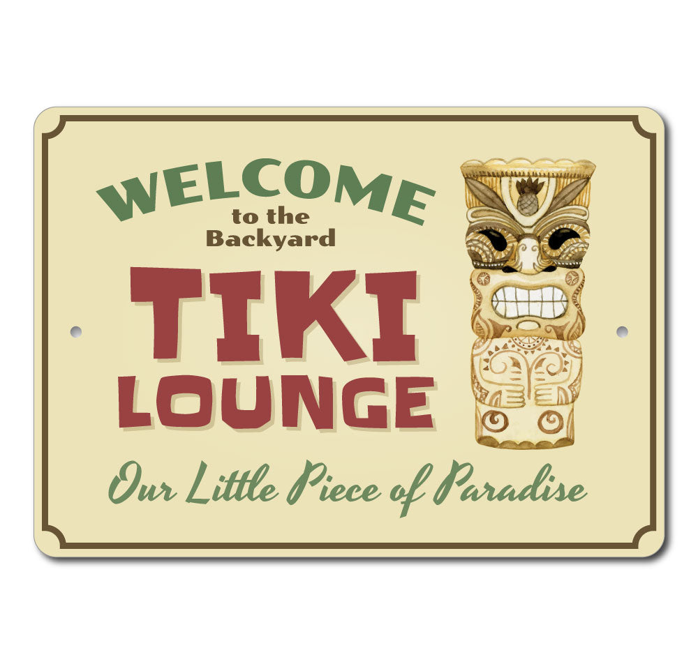 Backyard Tiki Bar Sign made of high-quality aluminum, featuring vibrant colors and customizable text, perfect for outdoor decor.