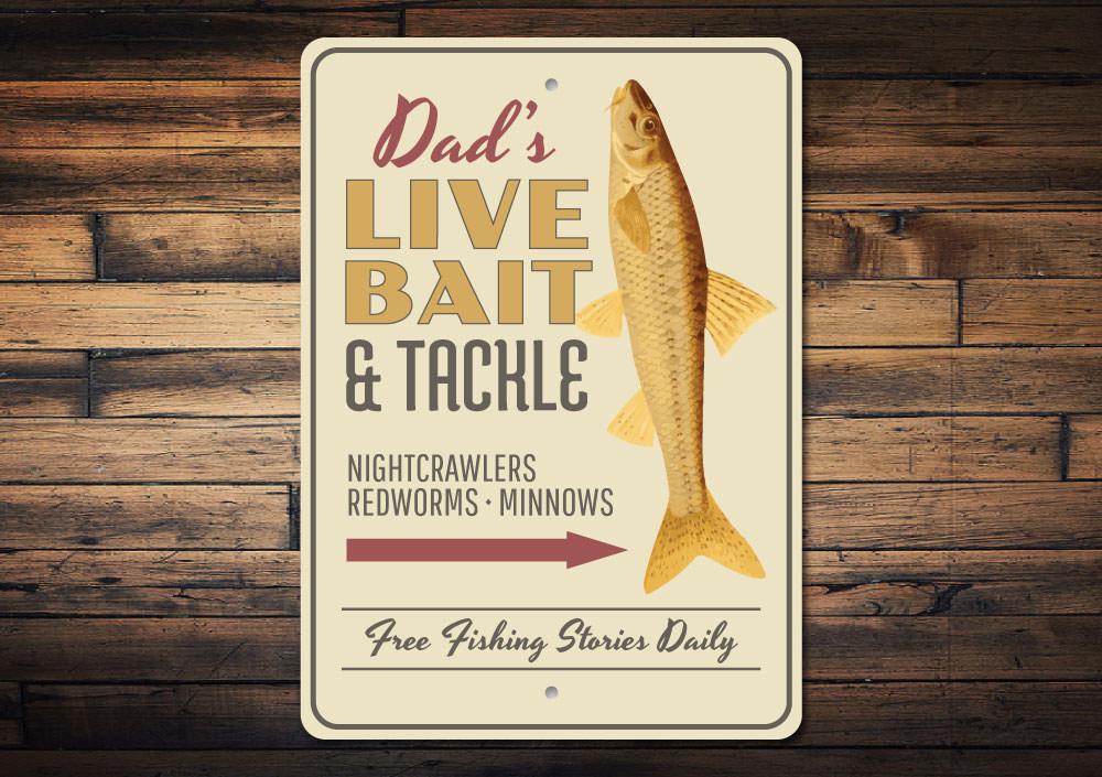 A decorative Bait and Tackle Sign made of high-quality aluminum, showcasing a rustic design perfect for lakehouses.