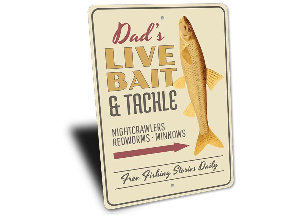 A decorative Bait and Tackle Sign made of high-quality aluminum, showcasing a rustic design perfect for lakehouses.