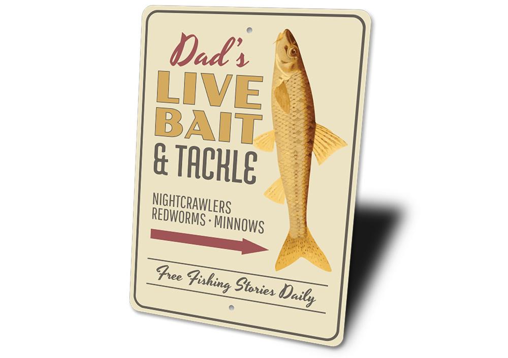 A decorative Bait and Tackle Sign made of high-quality aluminum, showcasing a rustic design perfect for lakehouses.