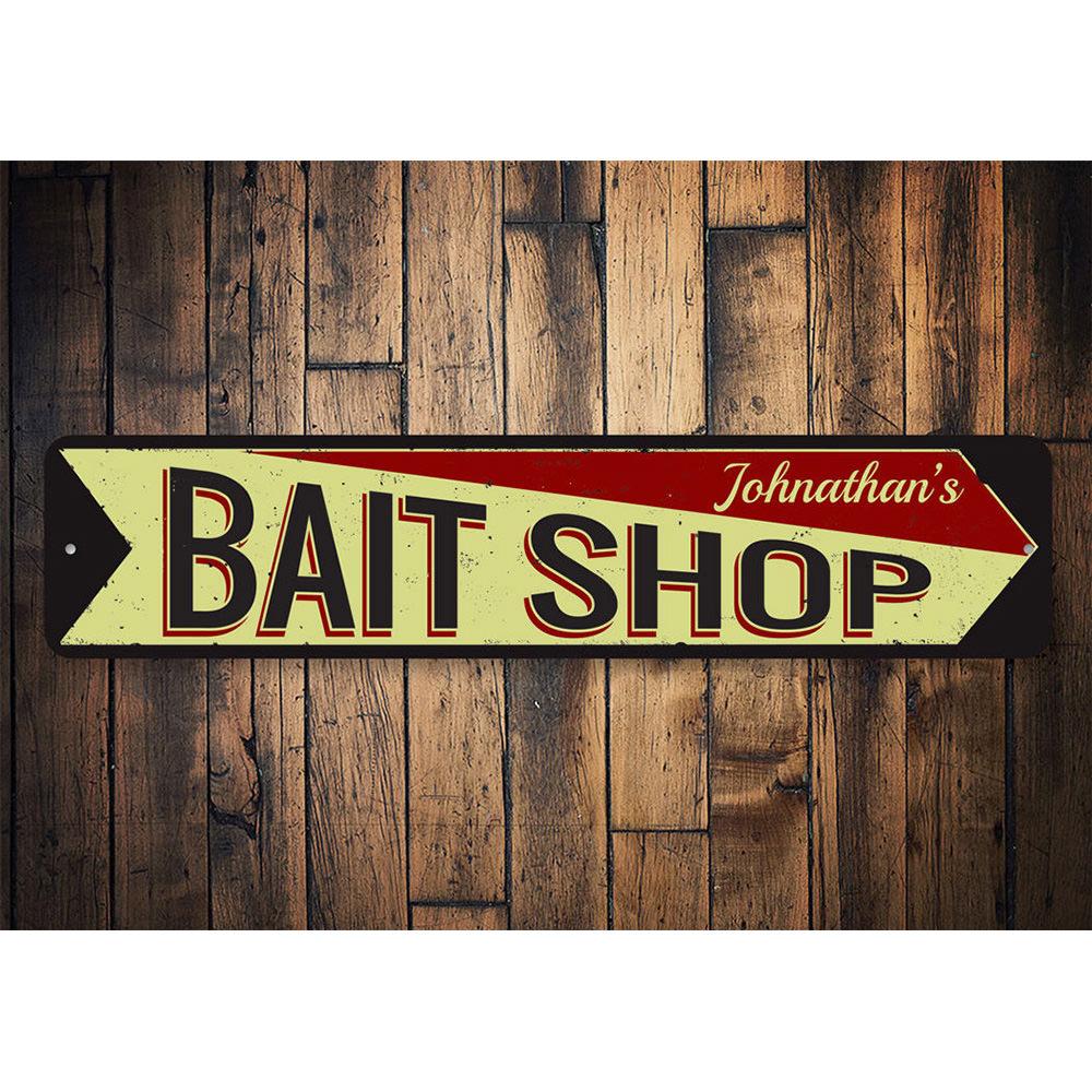 Bait Shop Arrow Sign made of durable aluminum, featuring customizable text and pre-drilled holes for easy mounting, perfect for lakehouse decor.