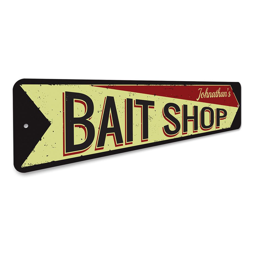 Bait Shop Arrow Sign made of durable aluminum, featuring customizable text and pre-drilled holes for easy mounting, perfect for lakehouse decor.