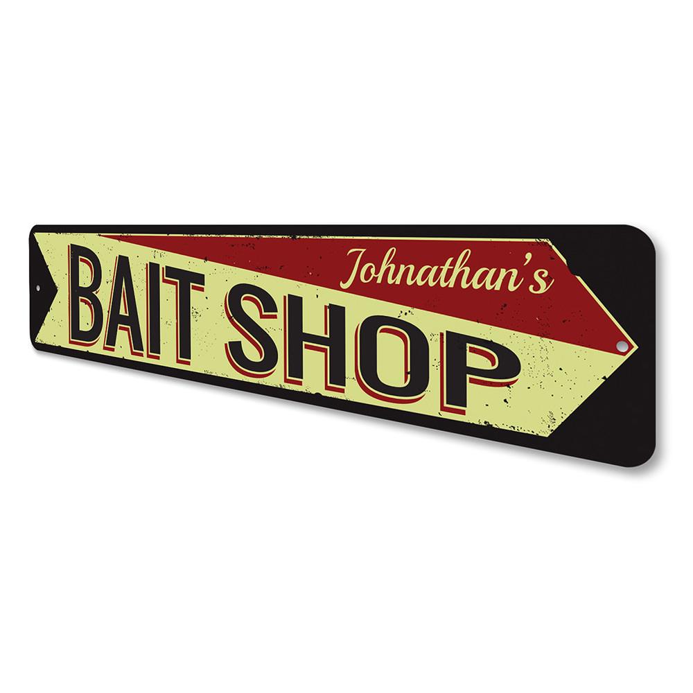 Bait Shop Arrow Sign made of durable aluminum, featuring customizable text and pre-drilled holes for easy mounting, perfect for lakehouse decor.