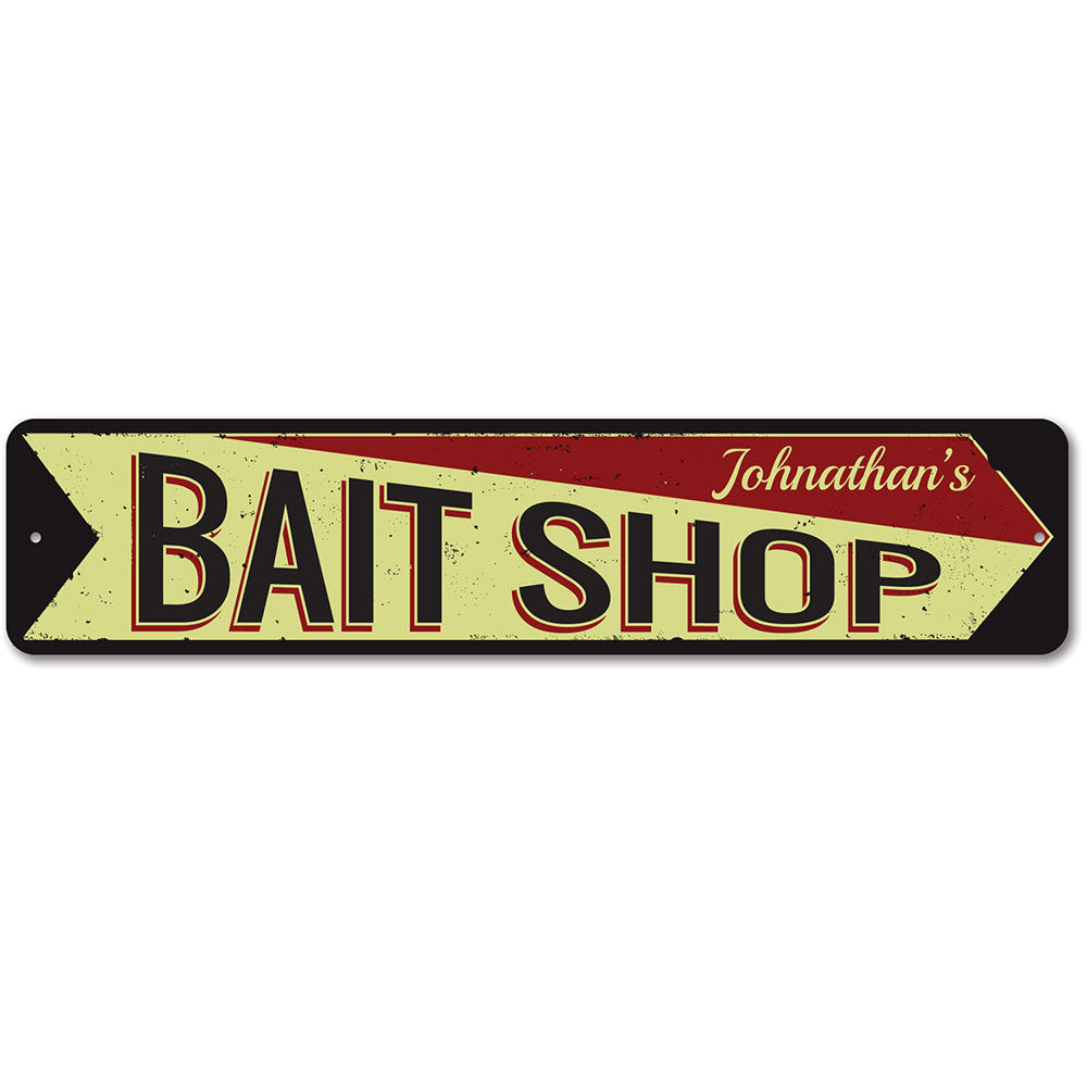 Bait Shop Arrow Sign made of durable aluminum, featuring customizable text and pre-drilled holes for easy mounting, perfect for lakehouse decor.