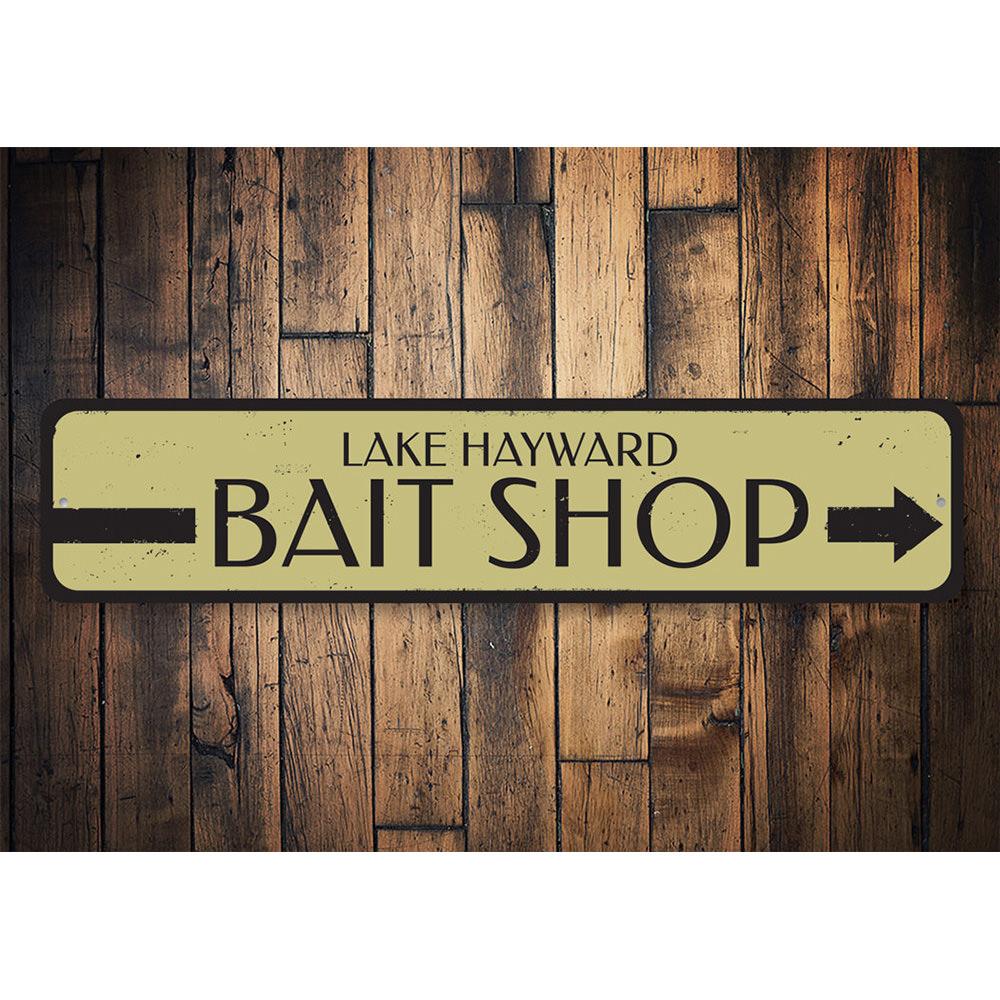 Bait Shop Directional Sign made of durable aluminum, featuring customizable text and pre-drilled holes for easy mounting, perfect for lakehouse decor.