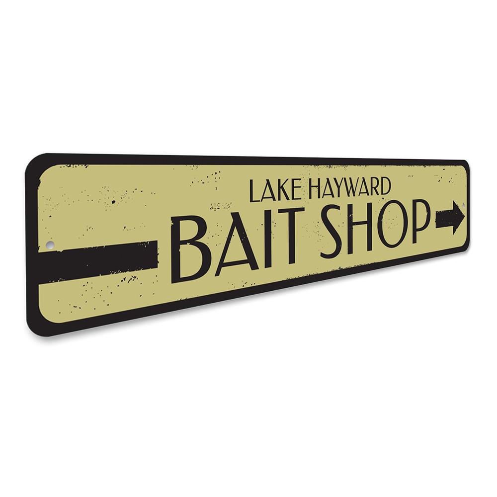 Bait Shop Directional Sign made of durable aluminum, featuring customizable text and pre-drilled holes for easy mounting, perfect for lakehouse decor.