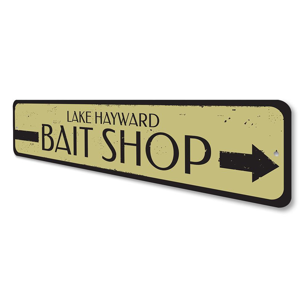 Bait Shop Directional Sign made of durable aluminum, featuring customizable text and pre-drilled holes for easy mounting, perfect for lakehouse decor.