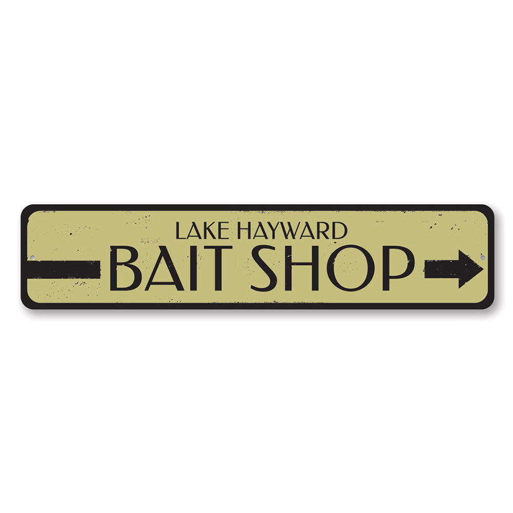 Bait Shop Directional Sign made of durable aluminum, featuring customizable text and pre-drilled holes for easy mounting, perfect for lakehouse decor.