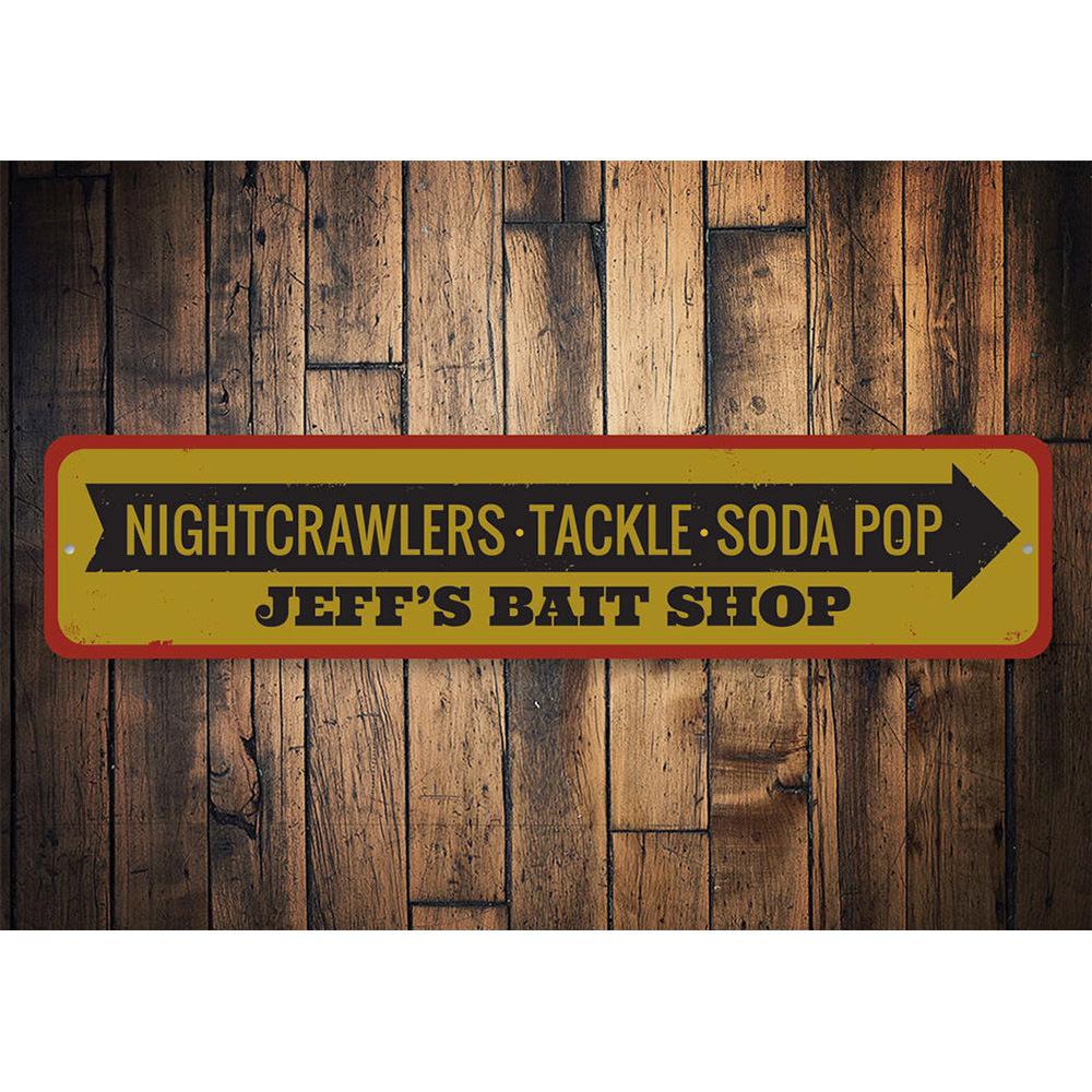 A decorative Bait Shop Items Sign made of high-quality aluminum, featuring customizable text and pre-drilled holes for easy mounting.