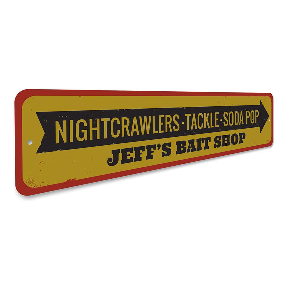 A decorative Bait Shop Items Sign made of high-quality aluminum, featuring customizable text and pre-drilled holes for easy mounting.