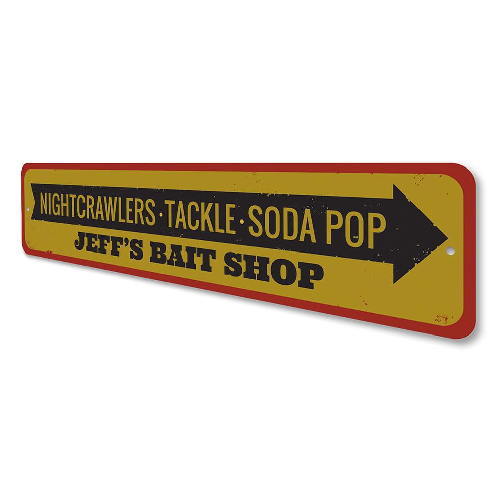 A decorative Bait Shop Items Sign made of high-quality aluminum, featuring customizable text and pre-drilled holes for easy mounting.