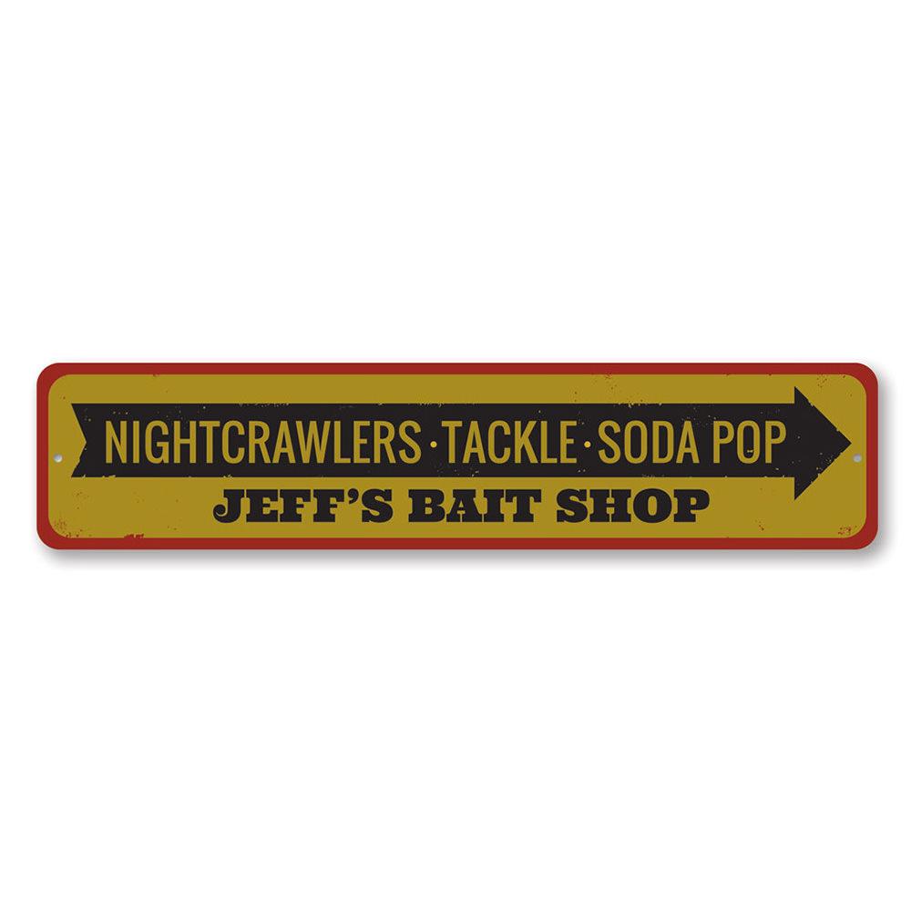 A decorative Bait Shop Items Sign made of high-quality aluminum, featuring customizable text and pre-drilled holes for easy mounting.