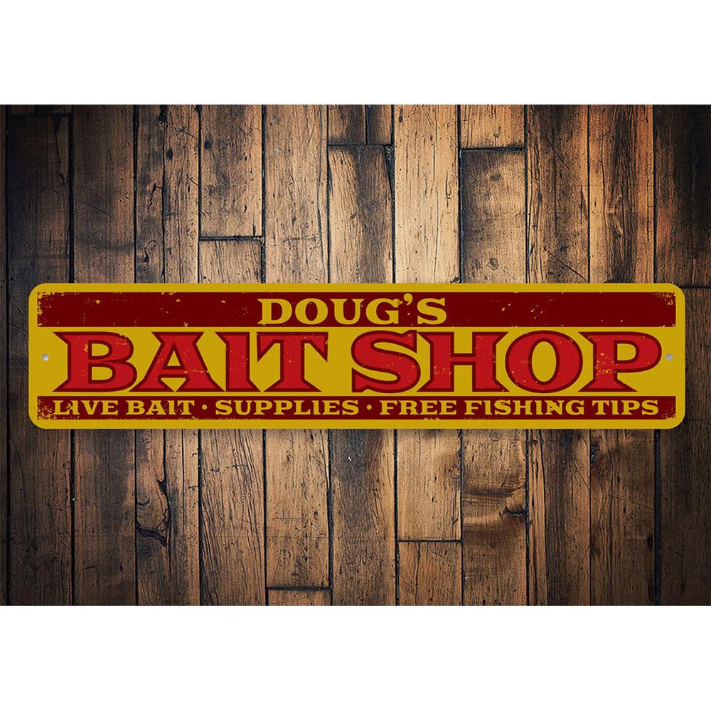 A decorative Bait Shop List Sign made of high-quality aluminum, featuring customizable text and pre-drilled holes for easy mounting.