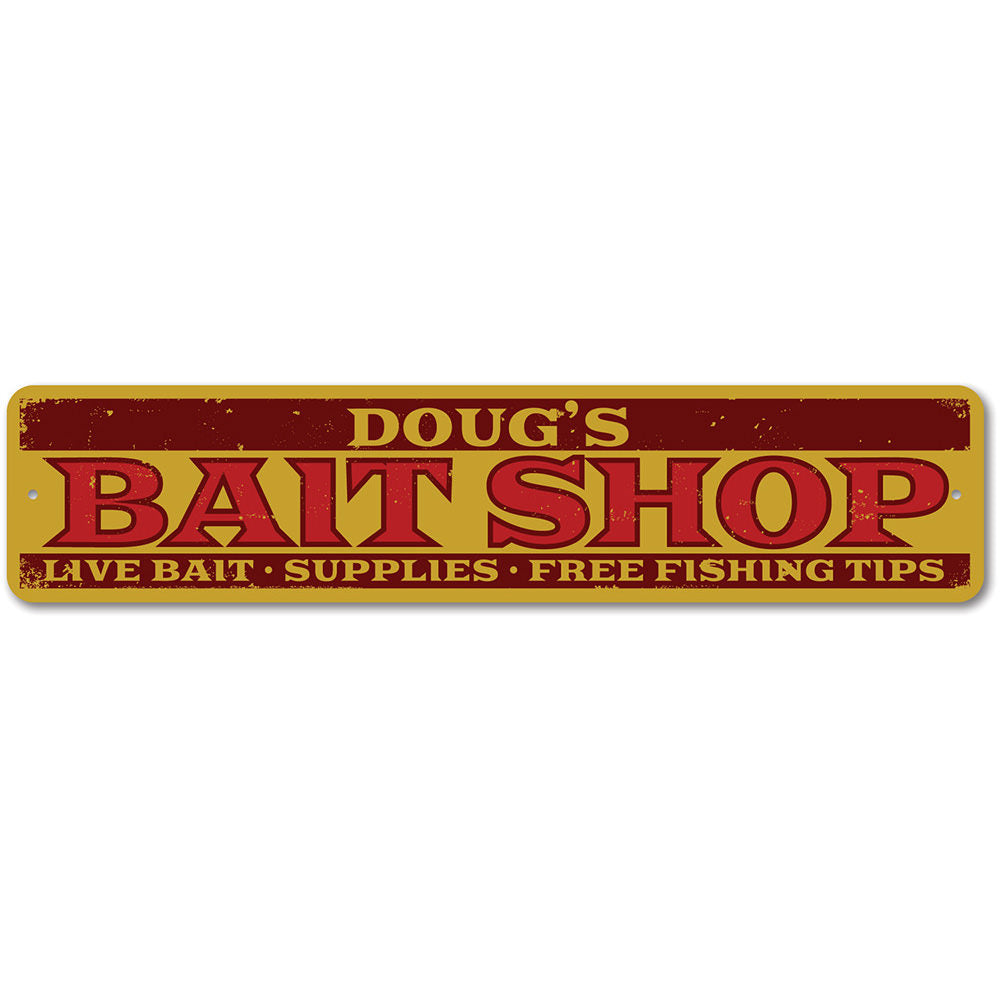 A decorative Bait Shop List Sign made of high-quality aluminum, featuring customizable text and pre-drilled holes for easy mounting.