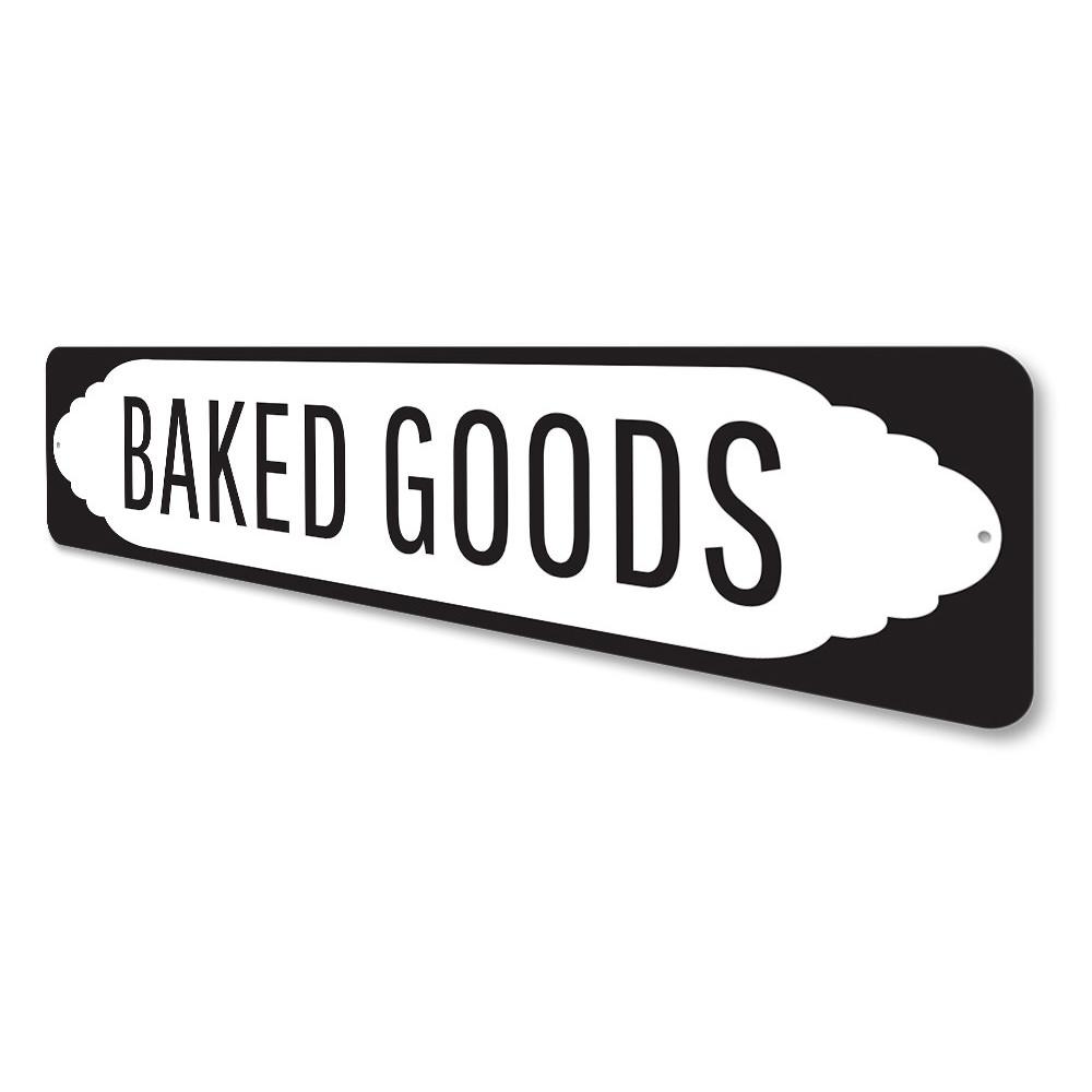 A decorative Baked Goods Sign made of high-quality aluminum, featuring vibrant colors and customizable text, perfect for kitchens and bakeries.