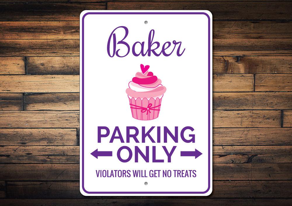 Baker Parking Sign made of high-quality aluminum, featuring customizable text and pre-drilled holes for easy mounting.