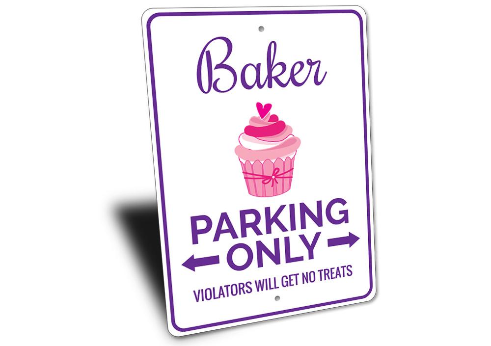 Baker Parking Sign made of high-quality aluminum, featuring customizable text and pre-drilled holes for easy mounting.