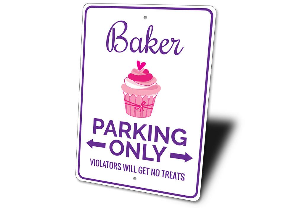 Baker Parking Sign made of high-quality aluminum, featuring customizable text and pre-drilled holes for easy mounting.