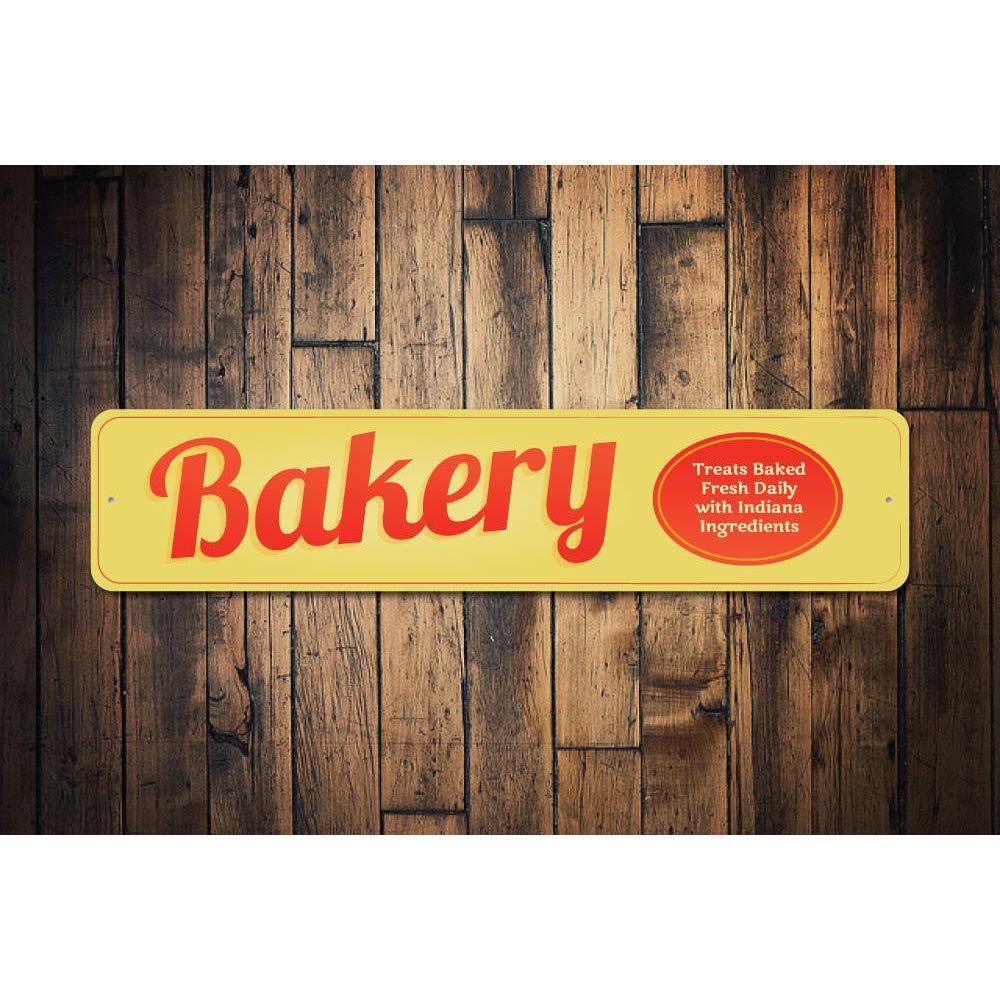 Customizable aluminum bakery sign with pre-drilled holes for easy mounting, showcasing a stylish design perfect for any bakery or café.